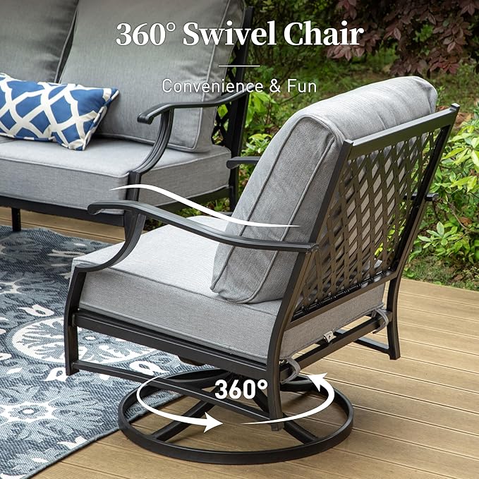 SUNSHINE VALLEY Metal Outdoor Swivel Patio Chairs Set of 2 with 5.75" Extra Thick Cushion, 2 Piece High Back Swivel Rocker Patio Chairs Outdoor Furniture Seating for Deck Balcony Front Porch, Gray