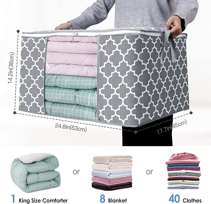 WISELIFE Storage Bags, Large Blanket Clothes Organization and Storage Containers for Bedding, Comforters, Foldable Organizer with Reinforced Handle, Clear Window,Sturdy Zippers,(Light Grey, 6 x 100L)