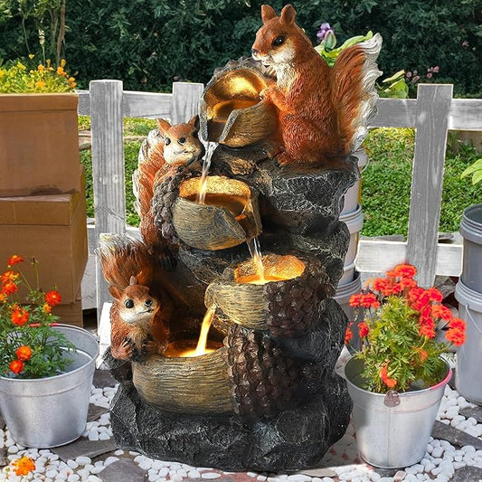24" H Outdoor Water Fountain, 4-Tiers Cascading Garden Waterfalls with 4 LED Lights, Modern Freestanding Bird Bath Fountain with Pinecones & Squirrels, for Yard Patio Deck and Indoor Decor