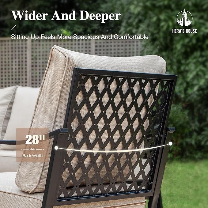 HERA'S HOUSE Patio Chairs Set of 2, High Back Outdoor Dining Chairs with Thick Cushions, All Weather Metal Frame Furniture for Garden, Backyard, Deck, Beige