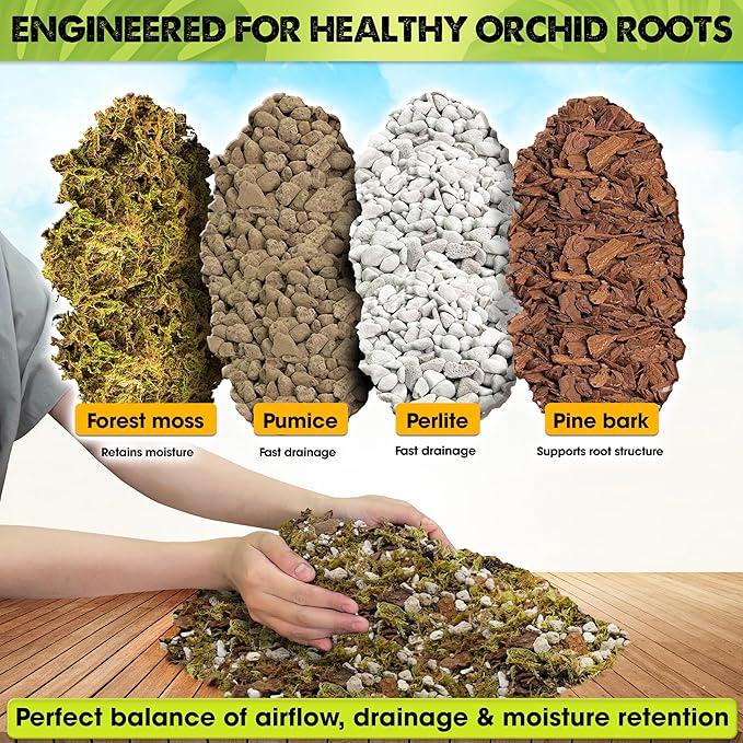 [Upgraded] DUSPRO Orchid Potting Mix for Repotting with Forest Moss, Pine Bark, Perlite & Pumice Natural Ingredients, Orchid Bark Potting Mix, Orchid Repotting Kit Drainage Indoor Potting Medium 2QT