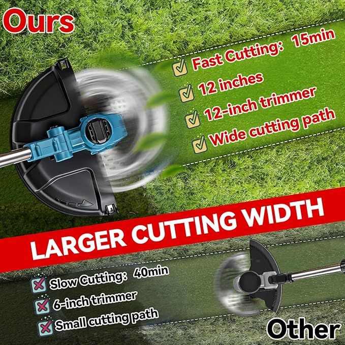 20000 RPM Electric Weed Wacker with Wheel,12″ Brushless Cordless Weed Eater Battery Powered, String Trimmer/Brush Cutter/Grass Trimmer/Lawn Mower, Edger Weed Trimmer for Garden Yard Tool