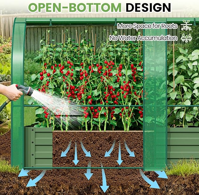 SPECILITE Raised Garden Bed with Mini Greenhouse, Galvanized Metal Planter Box Kit with PE Cover, 2 Roll-Up Doors for Ventilation, Gardening Set for Outdoor Growing Vegetables, Herbs, Fruit & Flowers