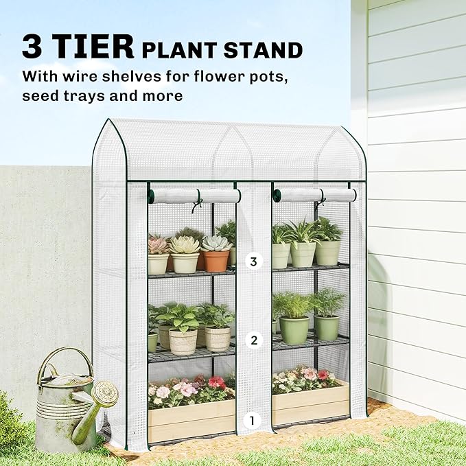 Outsunny 3 Tier Mini Greenhouse, 56.3" x 18.1" x 65" Small Portable Greenhouse with 2 Roll-up Doors, Garden Plant Growhouse with PE Cover for Indoor Outdoor, White