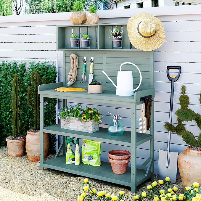 RUNNA 65" Large Wooden Farmhouse Rustic Outdoor Potting Bench Table, Patio Workstation, Garden Potting Bench with 4 Storage Shelves and Side Hook (Green#023)