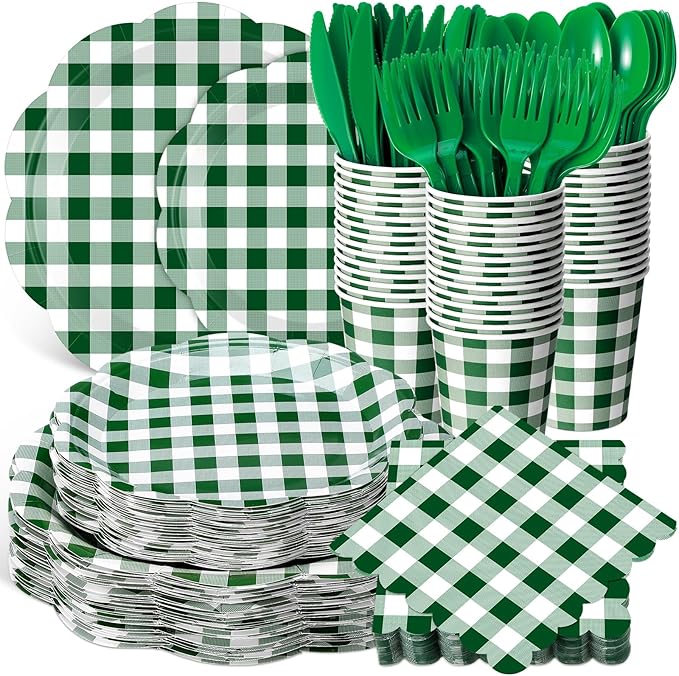 Funnymoom 400 Pcs Gingham Party Supplies for 50 Guests Dark Green and White Paper Plates and Napkins Knives Spoon Fork Cup Disposable Checkered Dinner Party Set Cutlery for Baby Shower Wedding Favor