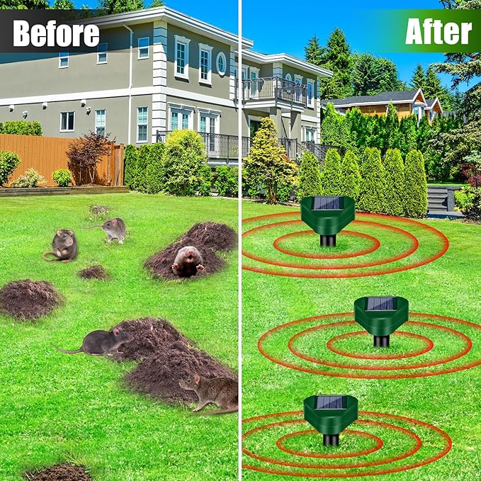 8Pack Rat Mole Repellent for Lawns, Solar Ultrasonic Groundhog Chipmunk Repeller Outdoor, Gopher Snake Repellent for Yard, Sonic Rodent and Vole Deterrent Spikes for Squirrel Armadillo Garden