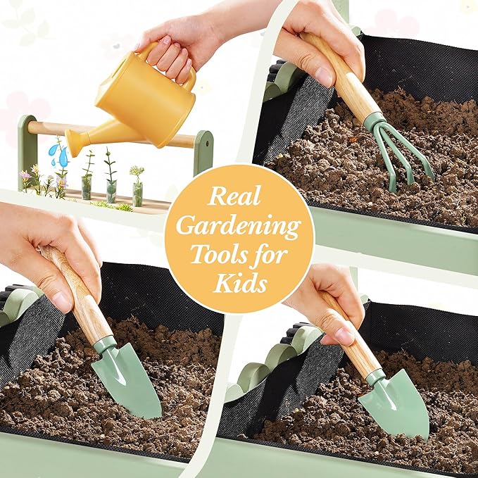 ROBOTIME Kids Gardening Tools with Cart Wheelbarrow - Wooden Outdoor Garden Toys Set with Watering Can, Shovel, Hand Rake & Plant Labels, Outdoor Backyard Play Toys for Toddler Gift (Green)