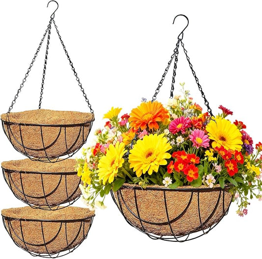 4Pack 12 Inch Metal Outdoor Hanging Baskets Black Heavy Duty Hanging Planters with Coco Liners for Indoor Outdoor Plants Gardens Patios Terraces（Earth）