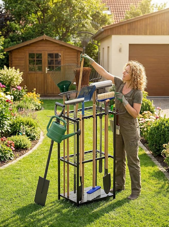 Faesun Garden Tool Organizer, 3-Tier Metal Yard Tool Rack with 14 Hooks & 5 Slots, Holds 50+ Rakes/Shovels/Brooms, Heavy Duty Freestanding Lawn Tool Storage for Garage Shed Outdoor Organization