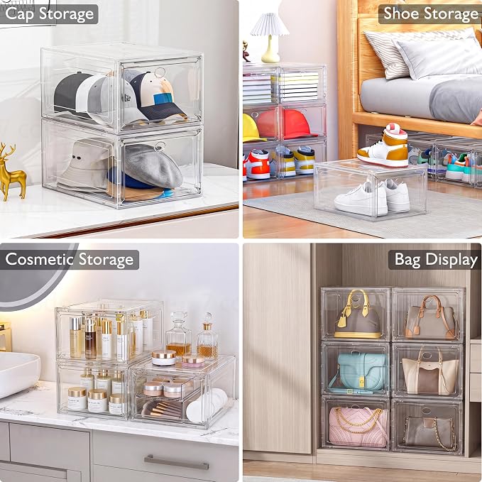 Sturdy Clear Shoe Organizer with Magnetic Door, Stackable Shoe Storage Box