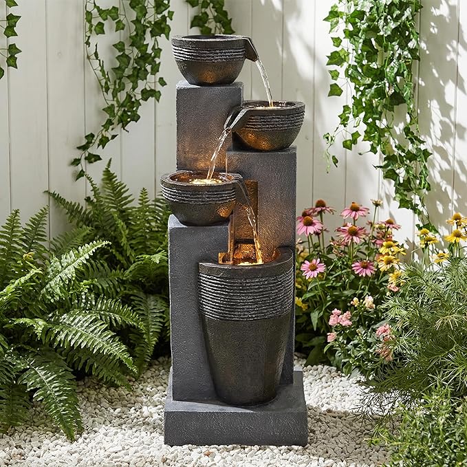 34-Inch Outdoor Water Fountain, 4-Tier Cascading Bowls Resin Waterfall Fountain with 3 Warm LED Lights, Rustic Water Feature for Garden, Patio, Deck, Porch, Backyard, Farmhouse in Gray