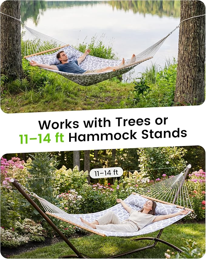 ANAGOO Double Quilted Outdoor Hammock for 2 Adults, 500lb Capacity Backyard & Camping Hammock with Pillow and Bamboo Spreader Bar, Fits 11–15ft Hammock Stands (Stand Not Included),Light Gray