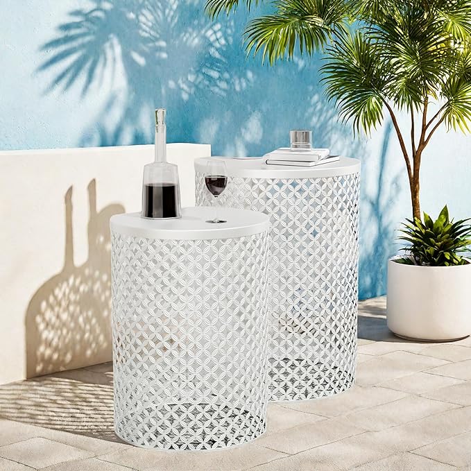 FONTOI Outdoor Side Table Set of 2, Round Patio Accent Table, Metal Frame End Table for Indoor Outdoor, Modern Decorative Garden Stool Nesting Side Table for Cafes, Patio Balconies, White