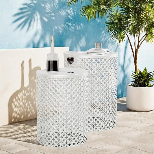 FONTOI Outdoor Side Table Set of 2, Round Patio Accent Table, Metal Frame End Table for Indoor Outdoor, Modern Decorative Garden Stool Nesting Side Table for Cafes, Patio Balconies, White