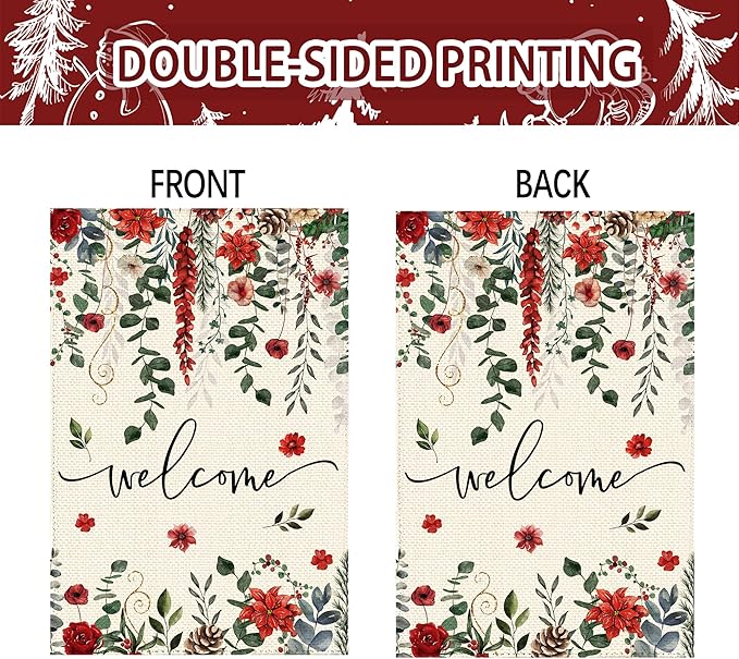 Christmas Red Poinsettia Welcome Garden Flag 12x18 Inch Double Sided, Xmas Berry Burlap Small Yard Flag Winter Floral Farmhouse Flags Seasonal Patio Outdoor Outside Decoration