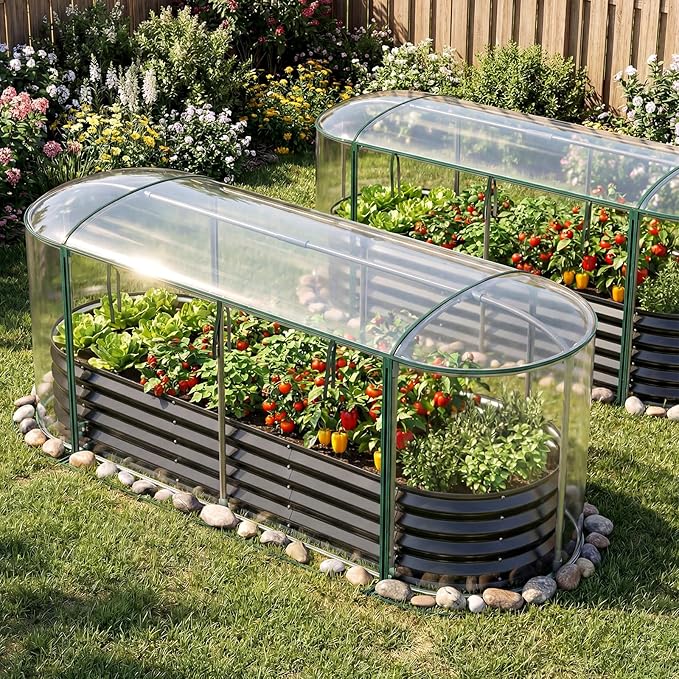 Giantex Raised Garden Bed w/Greenhouse Cover, Outdoor Oval Metal Steel Planter Box w/Roll-up Window, Clear PVC Mini Greenhouse for Vegetables Flowers Herbs Outdoor Patio Gardening, 6x2x1 FT (Black)