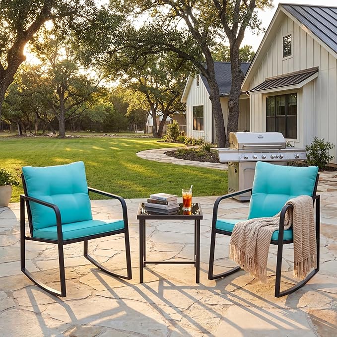 Flamaker Patio Chairs 3 Piece Wicker Rocking Chair Outdoor Bistro Sets with Coffee Table and Cushions Metal Frame Patio Furniture for Porch, Balcony, Lawn (Blue)