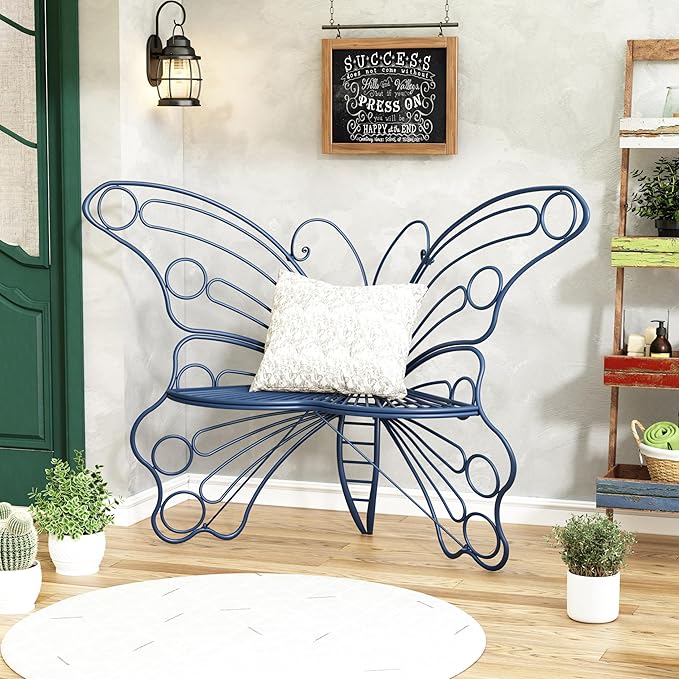 DIBRATY 50 Inches Outdoor Bench, Garden Bench with Sturdy Iron Metal Frame, Pretty Butterfly Bench Front Porch Bench for Porch,Lawn,Garden,Yard