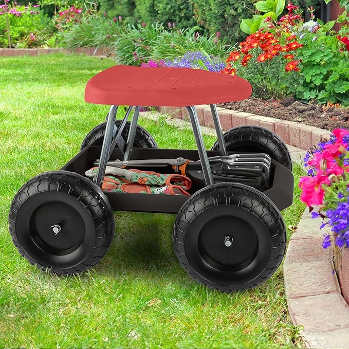 Gardening Stool - Rolling Garden Seat with Wheels and Storage Tool Tray - Garden Cart Scooter - Yard Tools by Pure Garden (Red and Black)