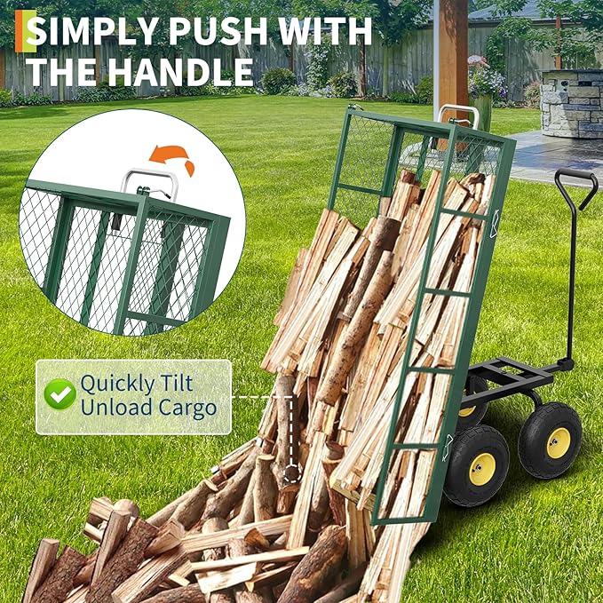 GarveeLife 900 LBS Garden Dump Cart with Removable Sidewalls, Heavy Duty Steel Dump Wagon with 180° Swivel Handle & 10 in Tires, Yard Cart Utility Wheelbarrow for Backyard Farm