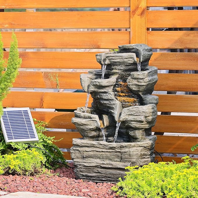 Bumilgar 6 Tier Cascading Rock Solar Water Fountain Outdoor Garden Waterfall Decor for Garden, Patio, Backyard, Deck, Porch and Home Art Decor,24.4" H Outdoor Fountain with LED Lights