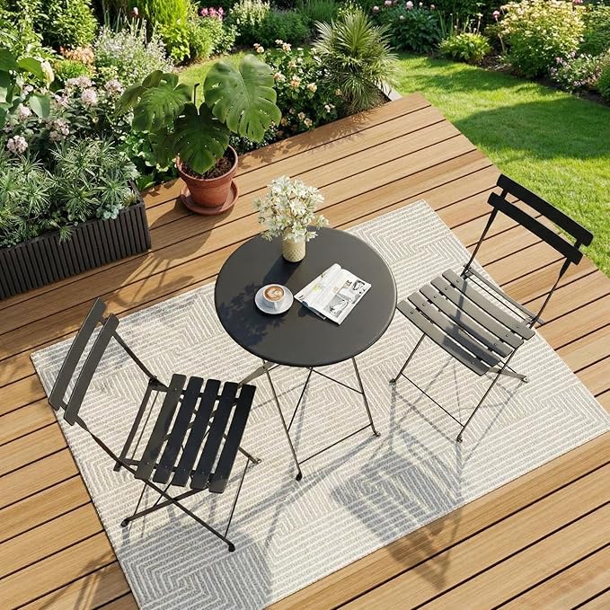 GarveeHome 3-Piece Foldable Bistro Set, Outdoor Patio Furniture with 2 Folding Chairs & 1 Table, Weather-Resistant Indoor/Outdoor Conversation Set for Patio, Black