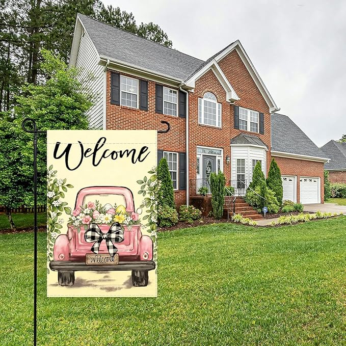 Vintage Pink Truck Garden Flag,12x18 Inch Spring Welcome Floral Design, Decorative Outdoor Double Sided Flag with Buffalo Check Bow, Farmhouse Style
