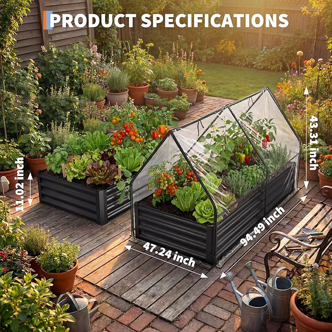 Raised Garden Bed with Cover, 8x4x1 Ft Raised Garden Beds Outdoor Galvanized Metal Planter Box with 2 Screen Windows, Mini Greenhouse for Vegetables and Flowers