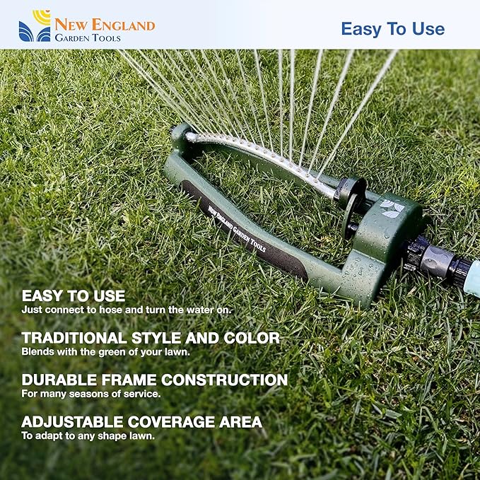 Oscillating Sprinkler 100006, Adjustable Pattern to Cover Up to 2,695 Square Feet, 17 Brass Nozzles on Metal Tube for Even Lawn Watering, by New England Garden Tools