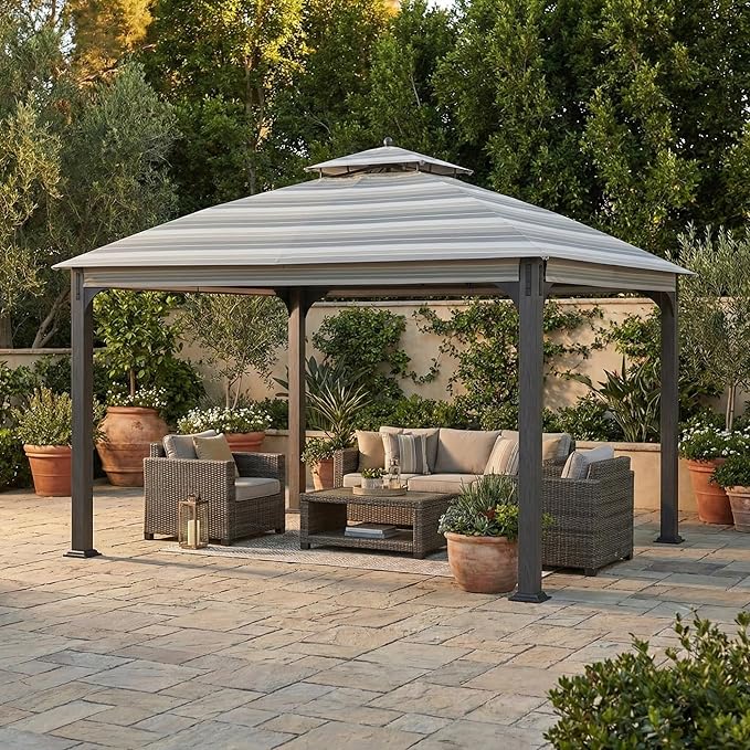 Garden Winds Durable 350 Replacement Canopy Top Compatible with Shadow Creek 10’ x 12’ Gazebo Model L-GZ1140PST - Stripe Stone