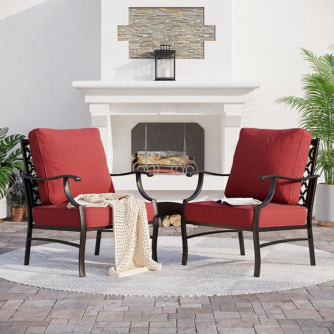 SUNSHINE VALLEY Metal Patio Chair Set of 2 with 5.75" Extra Thick Cushion, 2 Pieces High Back Outdoor Patio Chairs All Weather Outdoor Furniture Seating for Deck Backyard Balcony Front Porch, Rust Red