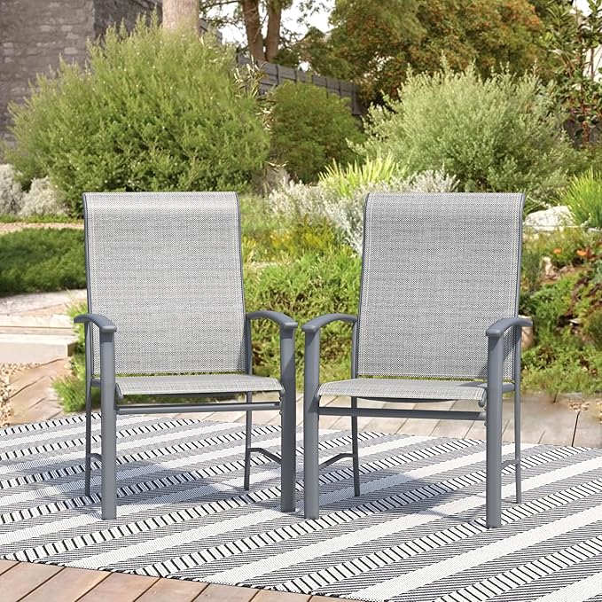 Patio Chairs Set of 2, Outdoor Chairs for Patio with High Back, Metal Outdoor Dining Chair with Armrest for Lawn Deck Garden Balcony Porch Backyard, Grey