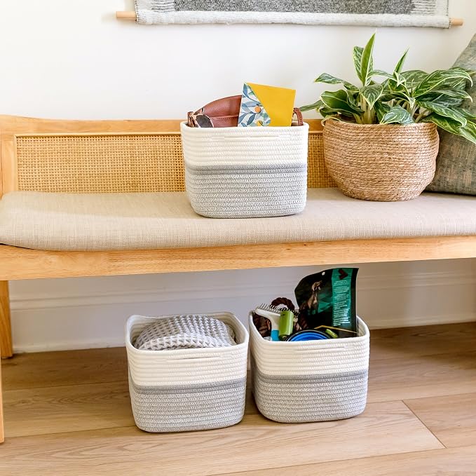 NaturalCozy Storage Cubes 9”x9”x7”Cotton Rope Woven Baskets for Organizing 3-Pack | 9 Inch Cube Storage Bin | Small Basket for Shelf Nursery, Pantry, Decorative Plant, Bathroom Closet, Toy Gift