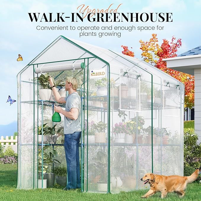 KING BIRD Premium Greenhouse for Outdoors, 84x56x77 Upgraded PVC Cover & Heavy Duty Steel Frame Walk-in Portable Green House for Outside Garden, Screen Windows & Mesh Door, 3 Tiers 14 Shelves, White