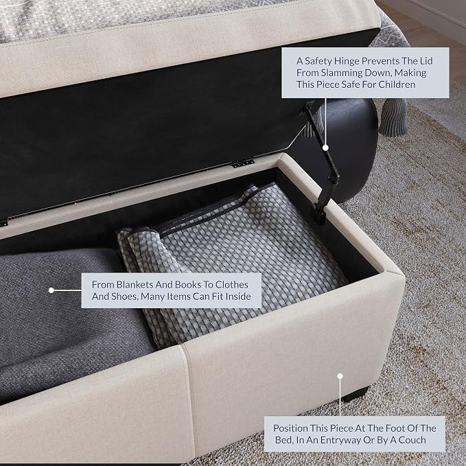BELLEZE Storage Ottoman, 47 Inch Bench Bedroom Bench with Safety Close Hinge, Extra Long Ottoman with Storage for Living Room, Entryway, Hallway, Foot Rest, Support 300lbs - Beige