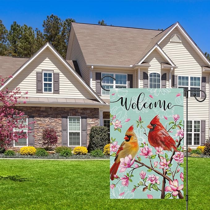 Cardinal Bird Welcome Spring Garden Flag, 12x18 Vertical Double Sided Burlap Tree Flower Spring Flag for Outside Farmhouse Yard Decorations