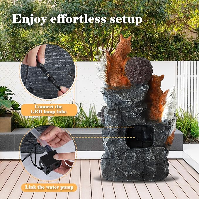 24" H Outdoor Water Fountain, 4-Tiers Cascading Garden Waterfalls with 4 LED Lights, Modern Freestanding Bird Bath Fountain with Pinecones & Squirrels, for Yard Patio Deck and Indoor Decor