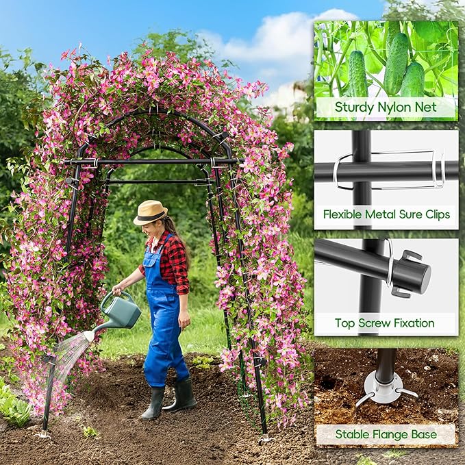 SPECILITE Garden Arch Trellis 86 in Extra Tall for Climbing Plants Outdoor, Steel Stainless Arched Arbors Tunnel Trellis with Netting, Includes Sure Clips, Cable Ties for Cucumber Tomato Vines