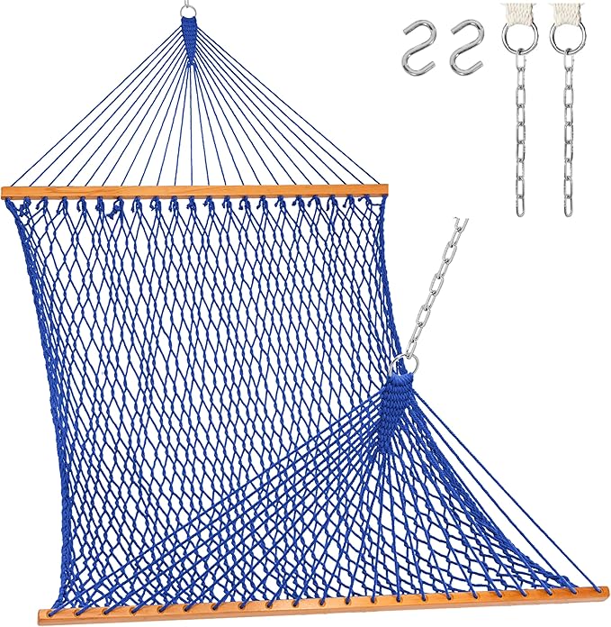 Lazy Daze Hammocks 12FT Double Rope Hammocks, 2 Person Hand Woven Cotton Hammock with Spreader Bar for Outside, Patio, Poolside, FIT 13-15 FT Stand, Max 450 Lbs, Blue, 141 x 57 inches