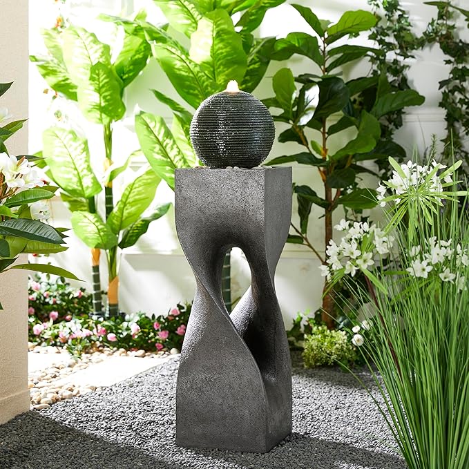 Glitzhome Outdoor Water Fountain, 40.5" H Modern Geometric Pedestal and Sphere Polyresin Outdoor Fountain, Garden Fountain Waterfall with Pebbles, Pump and LED Light for Patio, Backyard, Porch, Deck