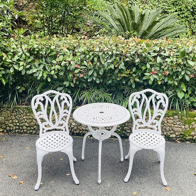 KAILI Patio Bistro Sets 3 Piece cast Aluminum Patio Furniture Outdoor Garden Metal Rust Proof Tables and Chairs White bisrto Set (Big Tulip-White)
