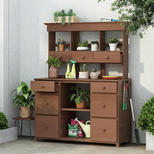 RUNNA Garden Potting Bench Table, Rustic and Sleek Design Wood Outdoor Garden Work Bench with Multiple Drawers and Shelves for Storage,Patio Workstation for Garden, Patio, and Backyard (Brown#018)