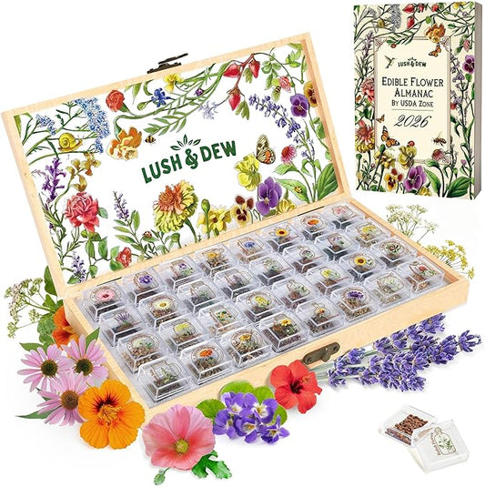 Lush&Dew Edible Flower Seed Bank with Almanac, Gardening Gifts for Women Men, 32 Types 30,000+ Non-GMO Heirloom Seeds for Planting Culinary Flowers, Survival Seed Kit, Annual Perennial, Zone 3-11