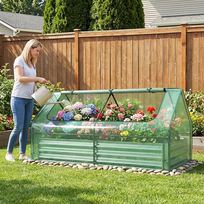 HAPPYGRILL Raised Garden Bed with Cover, Outdoor Planter Raised Bed w/2 Large Zipper Mesh Screen Windows, Galvanized Metal Planter Box for Gardening, Flowers, Vegetables (Green & Silver)