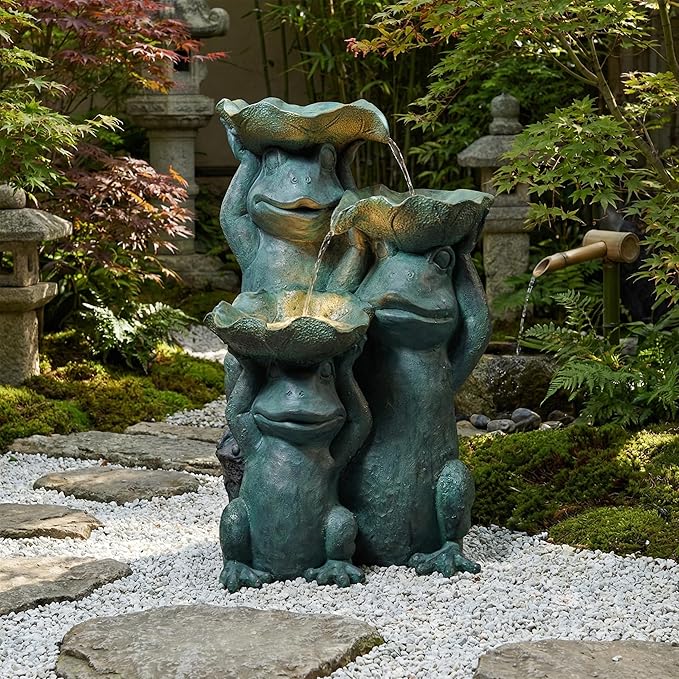 26-Inch Outdoor Water Fountain, 3-Tier Funny Stacked Frogs Statue Resin Waterfall Fountain with 2 LED Lights, Cascading Water Feature for Garden, Patio, Yard, Deck, Lawn, Porch in Green