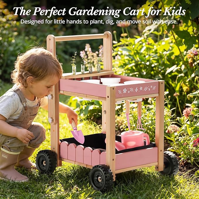 ROBOTIME Kids Gardening Tools with Cart Wheelbarrow - Wooden Outdoor Garden Toys Set with Watering Can, Shovel, Hand Rake & Plant Labels, Outdoor Backyard Play Toys for Toddler Gift (Pink)