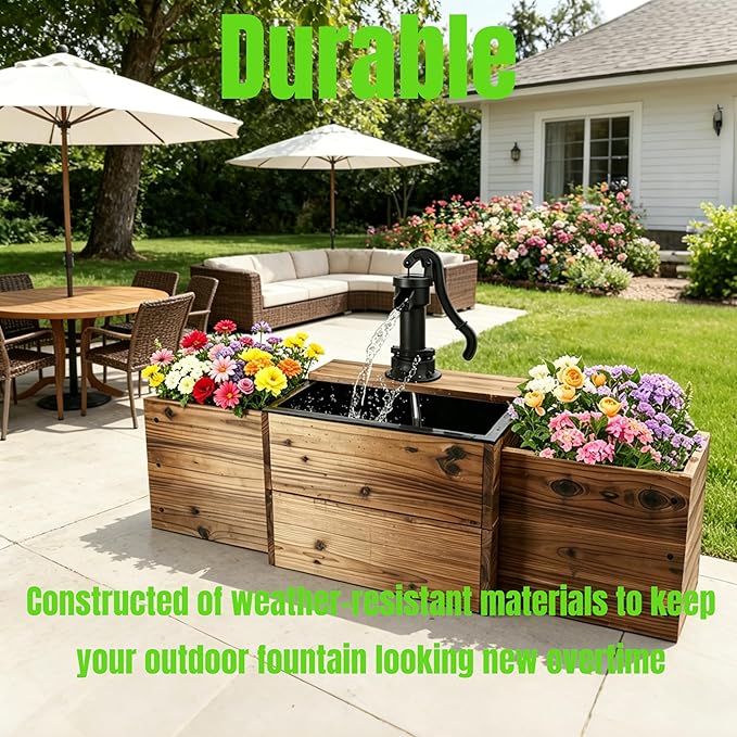 NestNature Outdoor Water Fountain,Floor Wooden Rectangular Pump Old-Fashioned Fountain with Flower Box, Solar-Powered Electric Decorative Hand Pump, Outdoor Water Feature for Garden Patio Backyard
