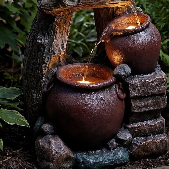 26-Inch Outdoor Water Fountain, 5-Tier Cascading Jars & Wood Design Resin Garden Fountain with Bird Accent & 4 LED Lights, Home Decor for Farmhouse, Patio, Backyard, Deck, Lawn in Brown