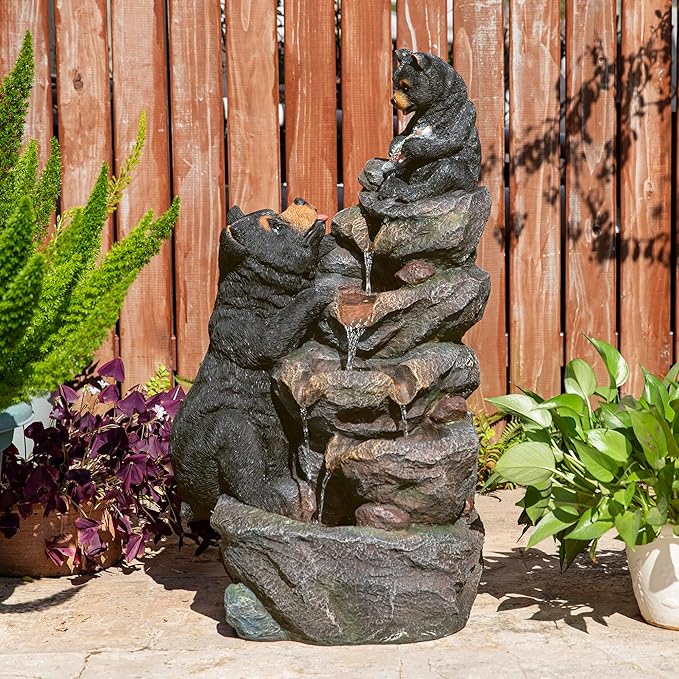 Glitzhome Water Fountain Outdoor, Outdoor Fountain with Lights & Pump, 30.5" H 4-Tiered Mom and Baby Bear Polyresin Cascading Waterfall Floor Standing Water Feature for Garden, Patio, Yard, Deck